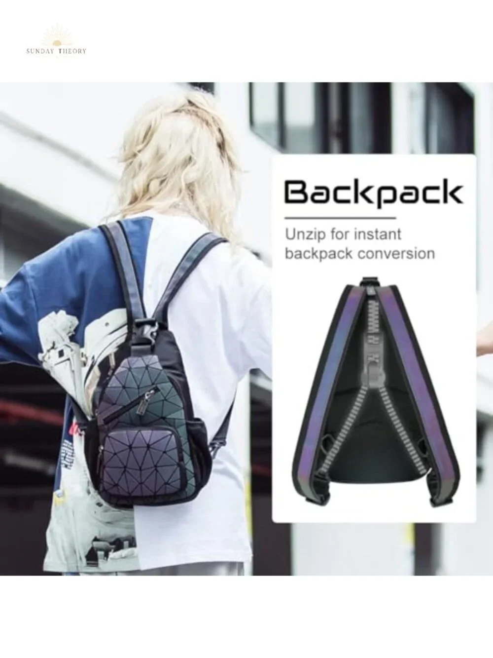 Geometric Crossbody Backpack Sling Bag Luminous Holographic PU Leather